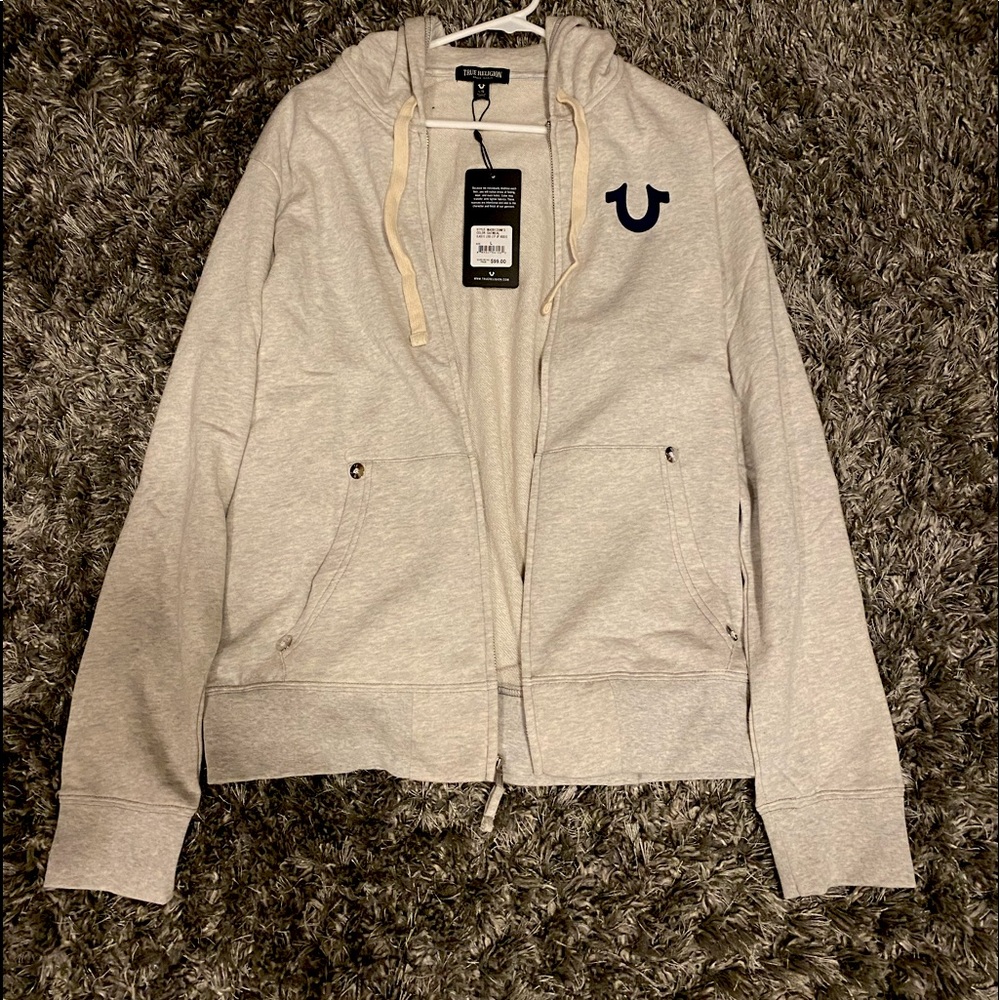 True Religion zip up grey hoodie, (oat meal color) size large